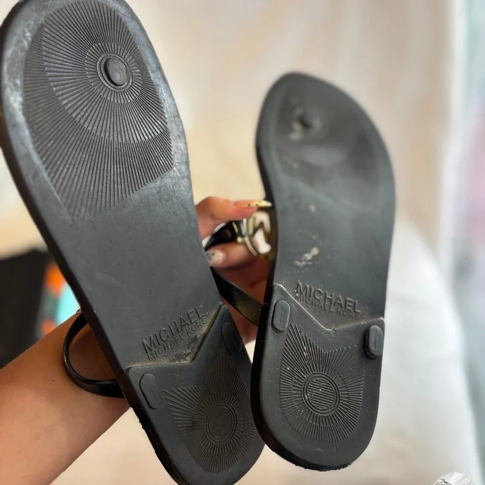 Michael Kors Women Black Patent Cork Thong Sandals Gold MK Logo Flip Flops
